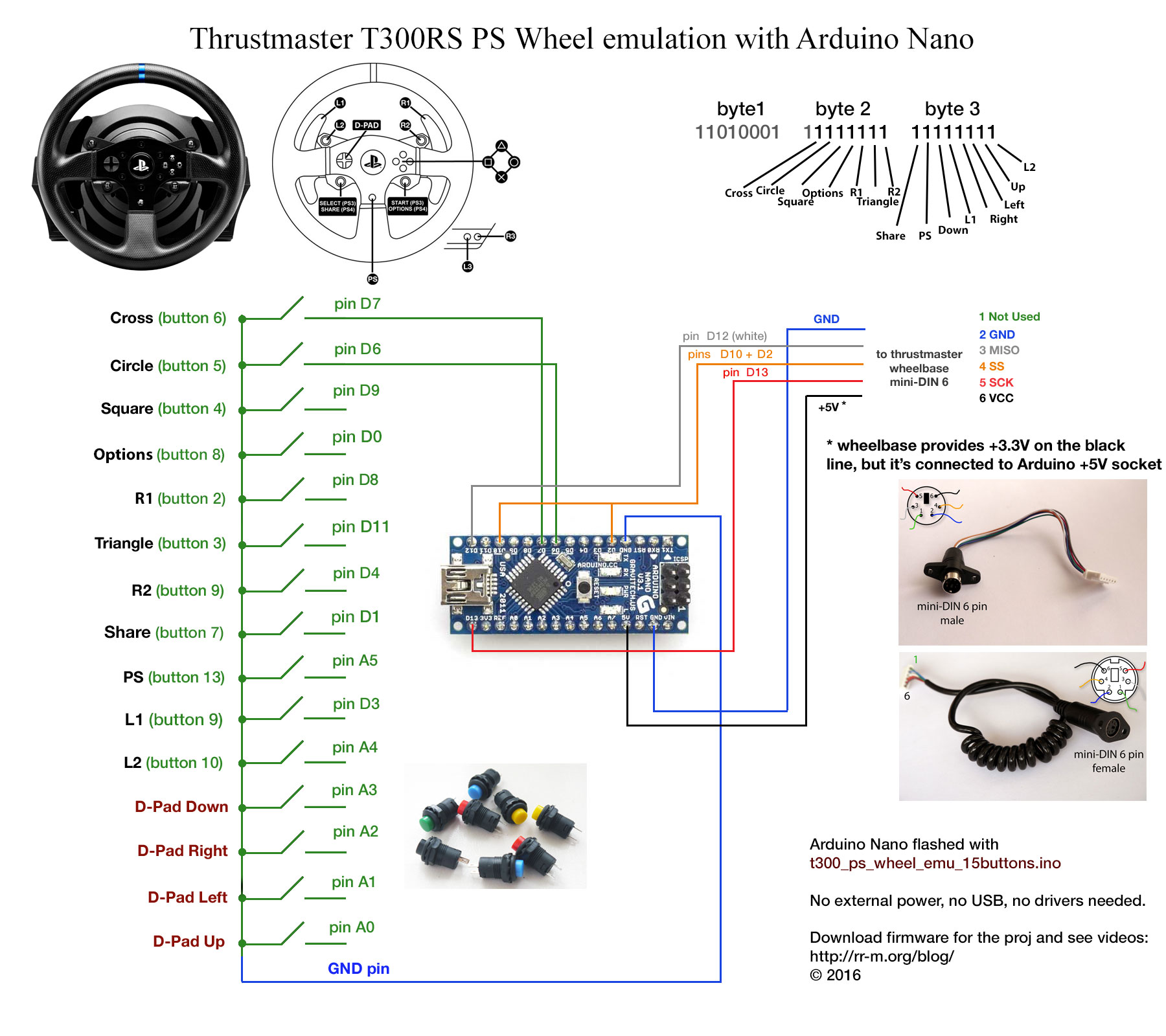 Arduino Nano Thrustmaster T300RS PS wheel emulation wiring